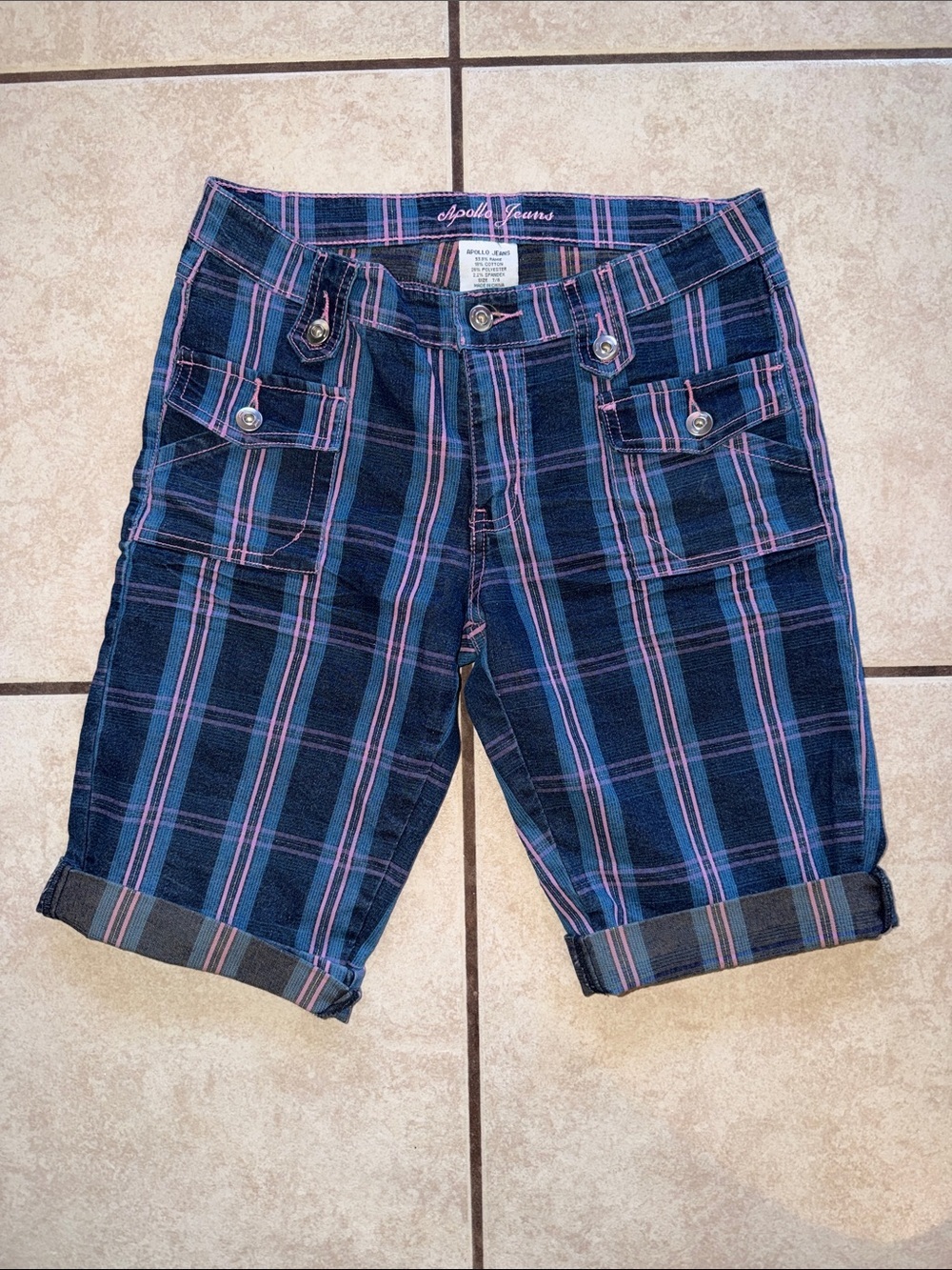 Apollo Jeans Navy and Pink Plaid Cargo Shorts